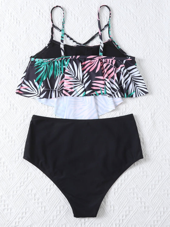 Tropical Flounce High Waist Bikini Swimsuit