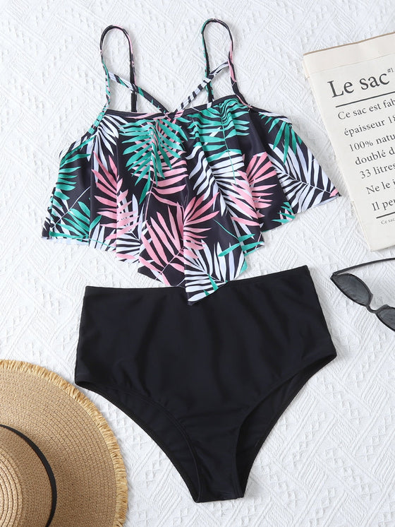 Tropical Flounce High Waist Bikini Swimsuit