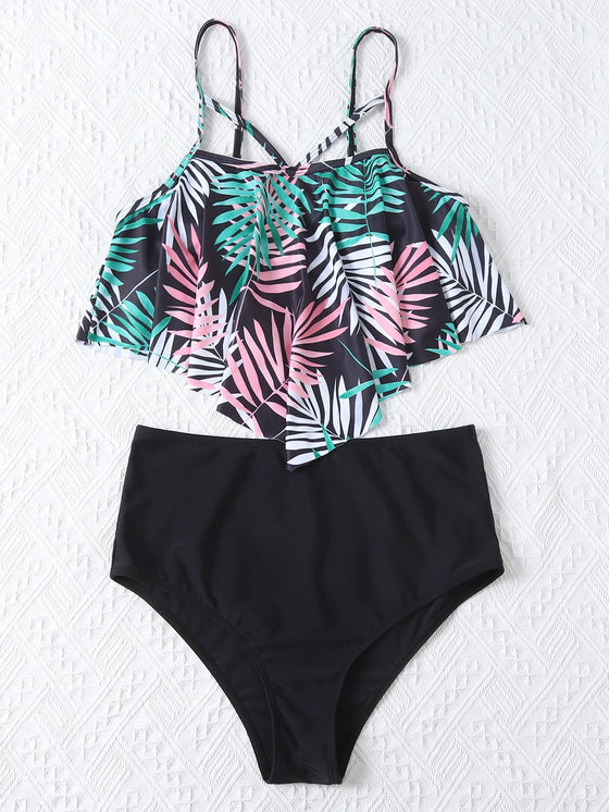 Tropical Flounce High Waist Bikini Swimsuit