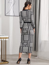 Houndstooth Split Hem Belted Dress
