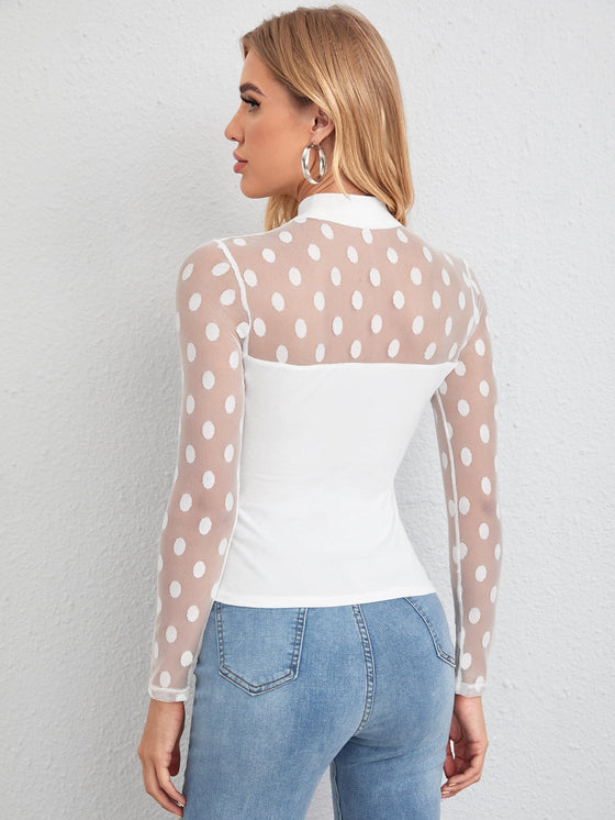 Mock neck Sheer Dobby Mesh Yoke Fitted Top
