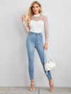 Mock neck Sheer Dobby Mesh Yoke Fitted Top