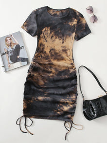  Drawstring Ruched Side Rib knit Tie Dye Dress