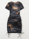 Drawstring Ruched Side Rib knit Tie Dye Dress