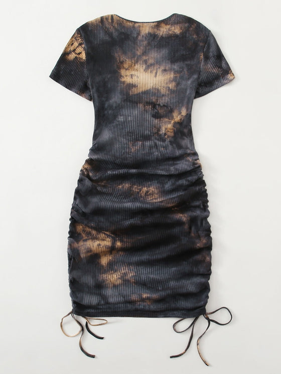 Drawstring Ruched Side Rib knit Tie Dye Dress