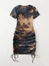 Drawstring Ruched Side Rib knit Tie Dye Dress