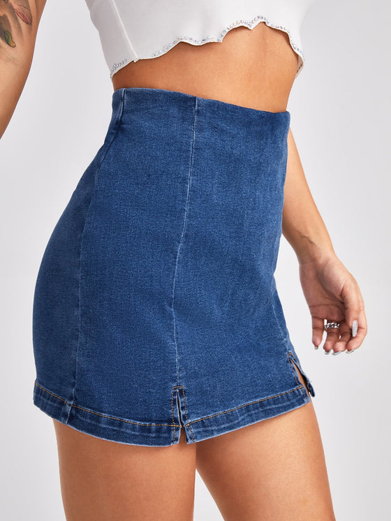 Split Hem Zip Back Denim Shorts