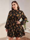Plus Frilled Neck Shirred Panel Lantern Sleeve Floral Dress