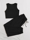 Rib knit Tank Top Drawstring Waist Sweatpants Set