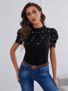 Mock Neck Puff Sleeve Pearls Beaded Top