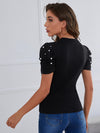 Mock Neck Puff Sleeve Pearls Beaded Top