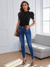Mock Neck Puff Sleeve Pearls Beaded Top