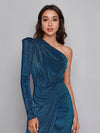 One Shoulder Wrap Hem Glitter Dress