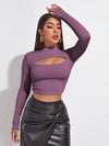 Mock Neck Cut out Rib knit Slim Crop Tee