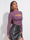 Mock Neck Cut out Rib knit Slim Crop Tee