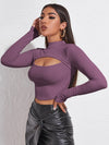Mock Neck Cut out Rib knit Slim Crop Tee