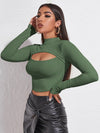 Mock Neck Cut out Rib knit Slim Crop Tee