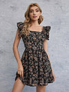 Square Neck Ruffle Trim Floral Dress