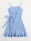 MOD Cut Out Tie Back Ruffle Trim Wrap Hem Slip Dress