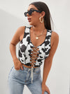 Rhinestone Lace Up Front Cow Print Tank Top