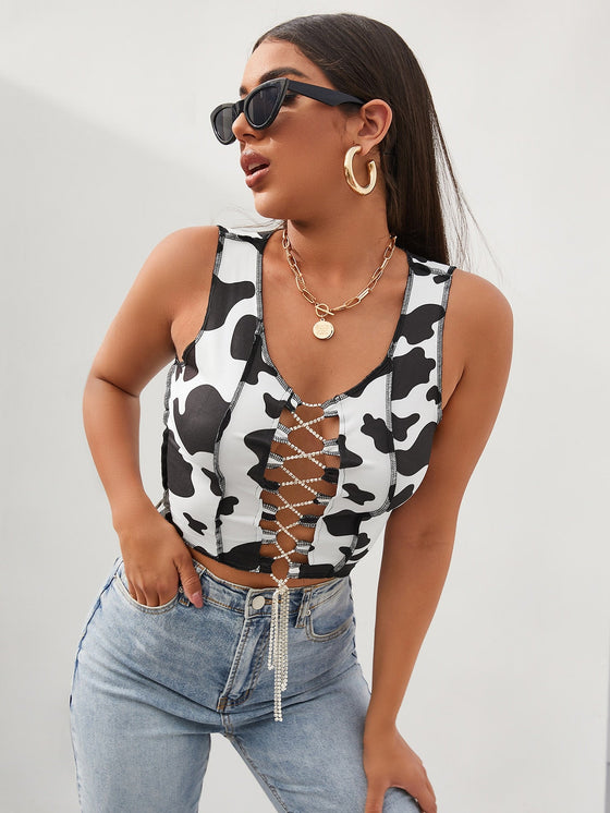 Rhinestone Lace Up Front Cow Print Tank Top