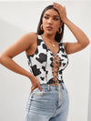 Rhinestone Lace Up Front Cow Print Tank Top