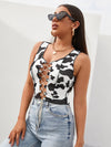 Rhinestone Lace Up Front Cow Print Tank Top