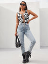 Rhinestone Lace Up Front Cow Print Tank Top