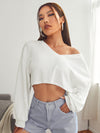 EZwear F V neck Drop Shoulder Rib knit Crop Tee