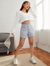 EZwear F V neck Drop Shoulder Rib knit Crop Tee