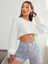 EZwear F V neck Drop Shoulder Rib knit Crop Tee