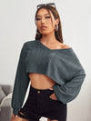 EZwear F V neck Drop Shoulder Rib knit Crop Tee