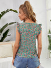 Floral Ruffle Trim Keyhole Back Blouse