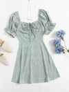 Sweetheart Neck Puff Sleeve Drawstring Ruched Leopard Dress