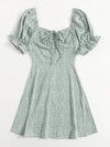 Sweetheart Neck Puff Sleeve Drawstring Ruched Leopard Dress