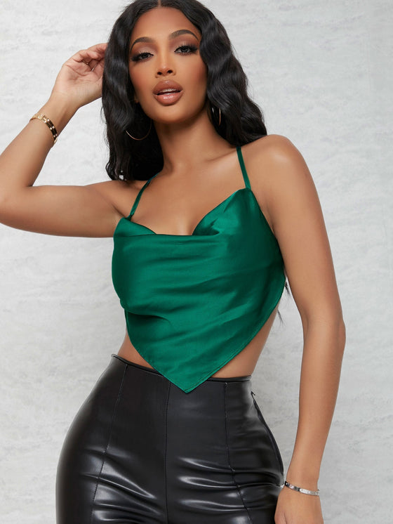 BAE Satin Cowl Neck Self Tie Cropped Bandana Top