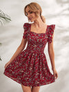 Square Neck Ruffle Trim Floral Dress