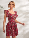 Square Neck Ruffle Trim Floral Dress