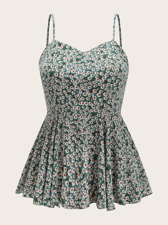 Plus Ditsy Floral Print Shirred Back Cami Top