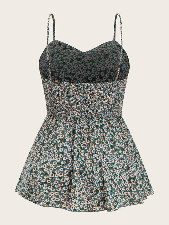 Plus Ditsy Floral Print Shirred Back Cami Top