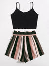 Lettuce Trim Cami Top Paperbag Waist Striped Shorts Set