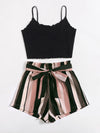 Lettuce Trim Cami Top Paperbag Waist Striped Shorts Set