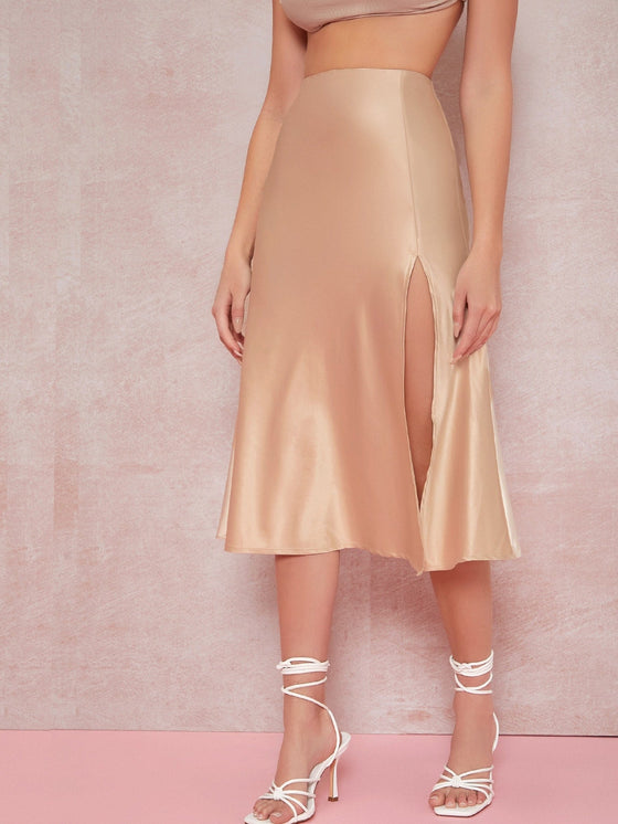 BAE Satin Thigh Slit Midi Skirt