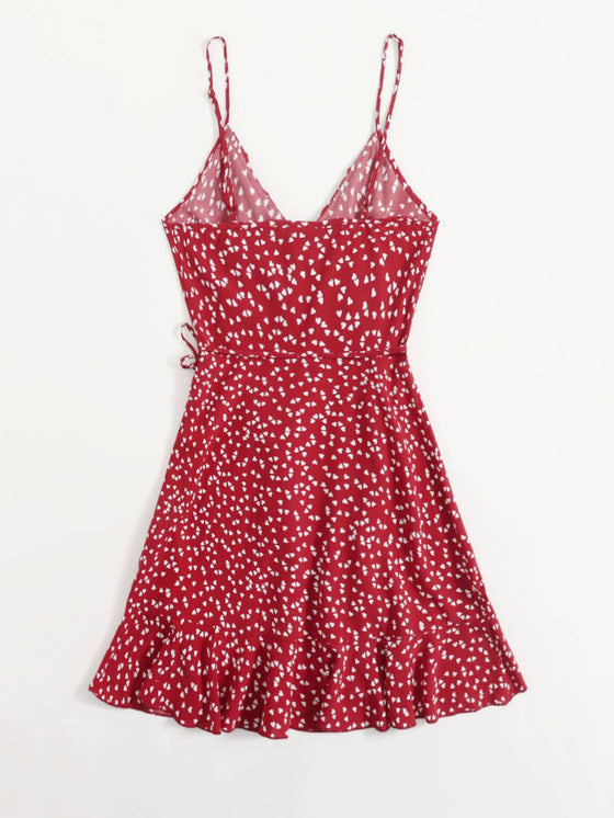 Allover Heart Print Ruffle Detail Wrap Cami Dress