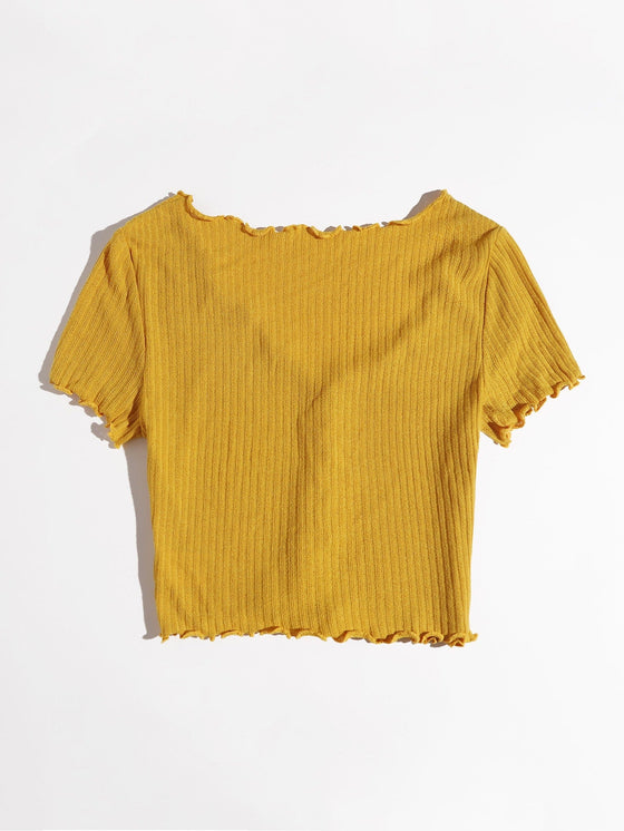 Buttoned Front Lettuce Trim Rib knit Tee