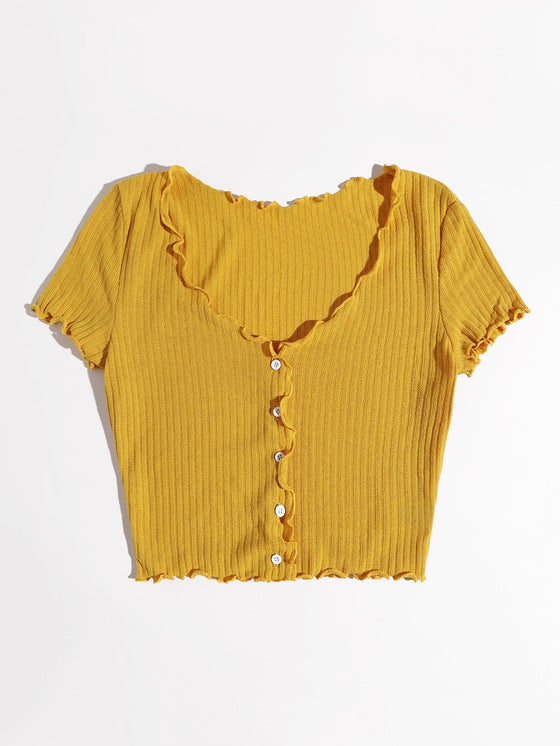 Buttoned Front Lettuce Trim Rib knit Tee