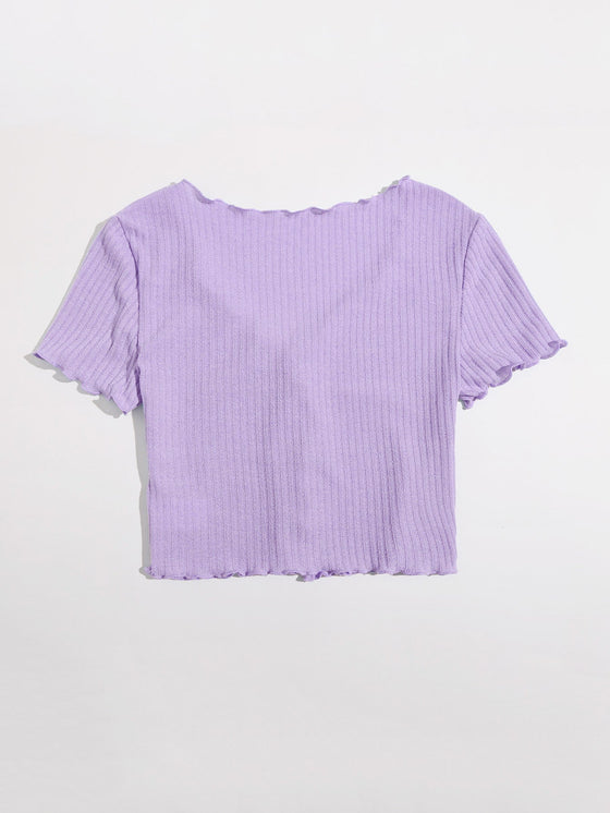 Buttoned Front Lettuce Trim Rib knit Tee