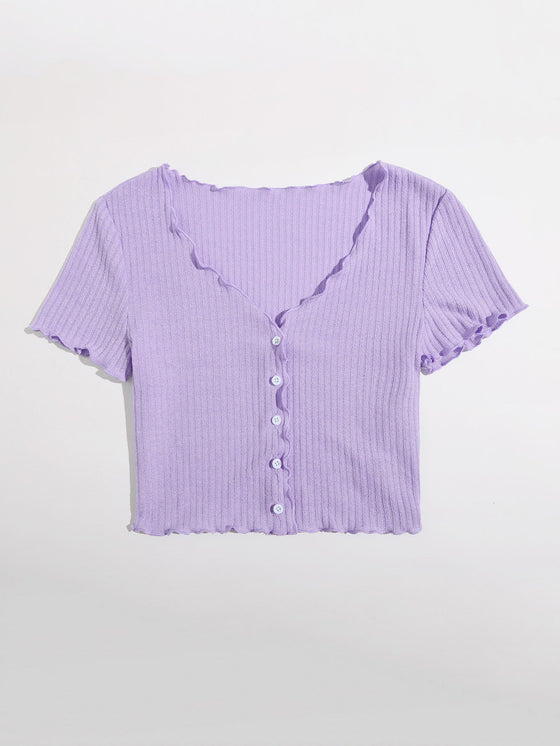 Buttoned Front Lettuce Trim Rib knit Tee