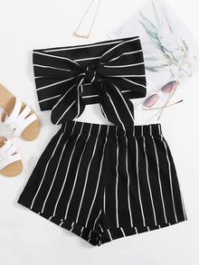  Tie Front Striped Tube Top Shorts Set