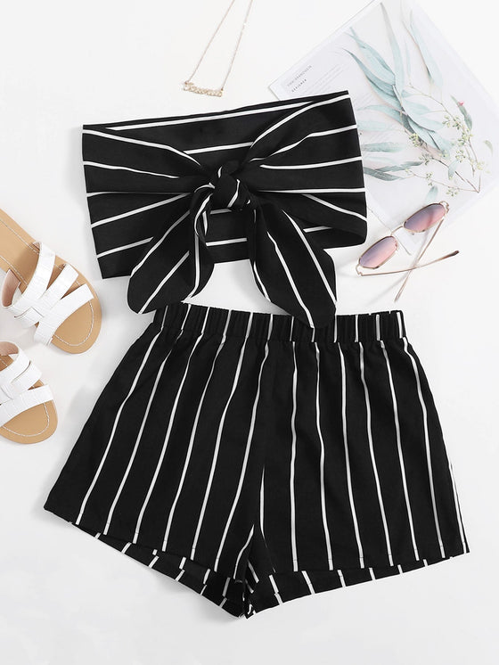 Tie Front Striped Tube Top Shorts Set
